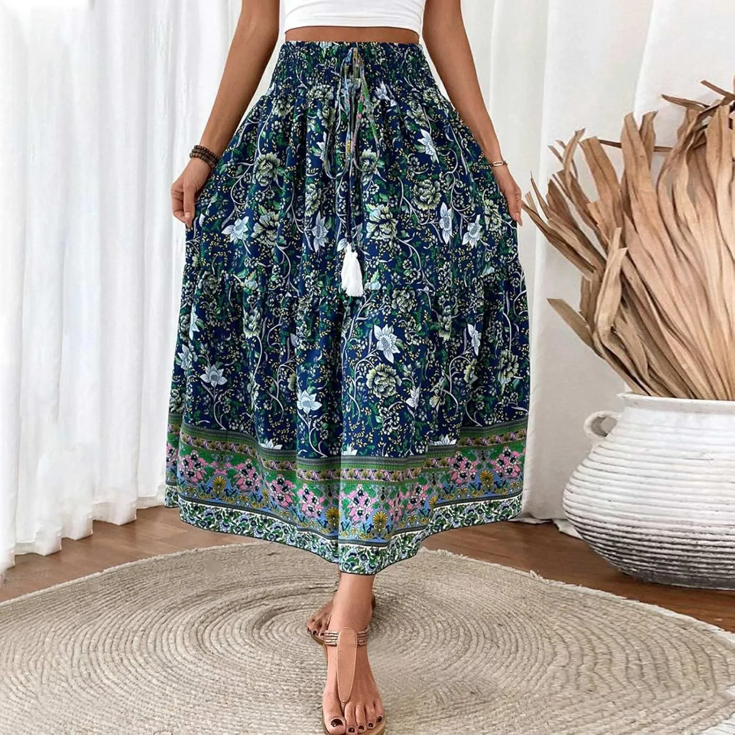 Summer Skirts for Women Boho Casual Elegant Smock Layered Tiered Maxi Skirt High Waisted A Line Flowy Long Skirts