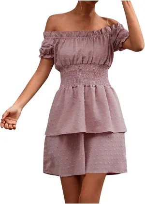 Summer Womens Swiss Dot Off Shoulder Mini Dress Elastic Waist Short Sleeves Swing Double Layer Ruffle Flared Dresses Pink