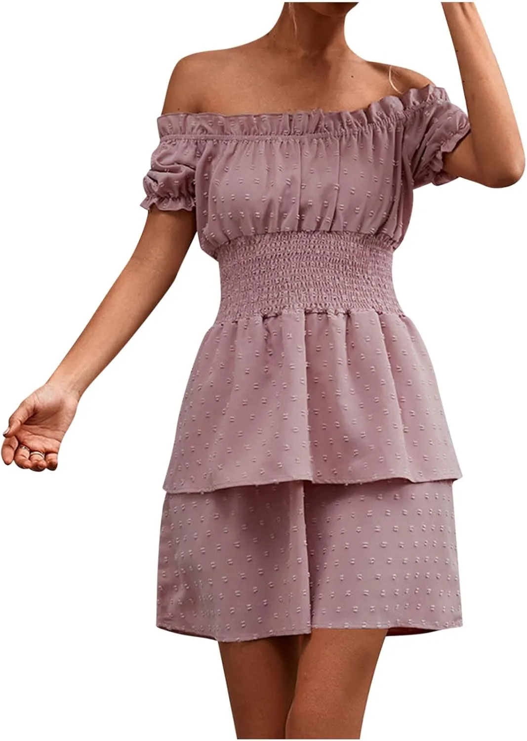 Summer Womens Swiss Dot Off Shoulder Mini Dress Elastic Waist Short Sleeves Swing Double Layer Ruffle Flared Dresses Pink