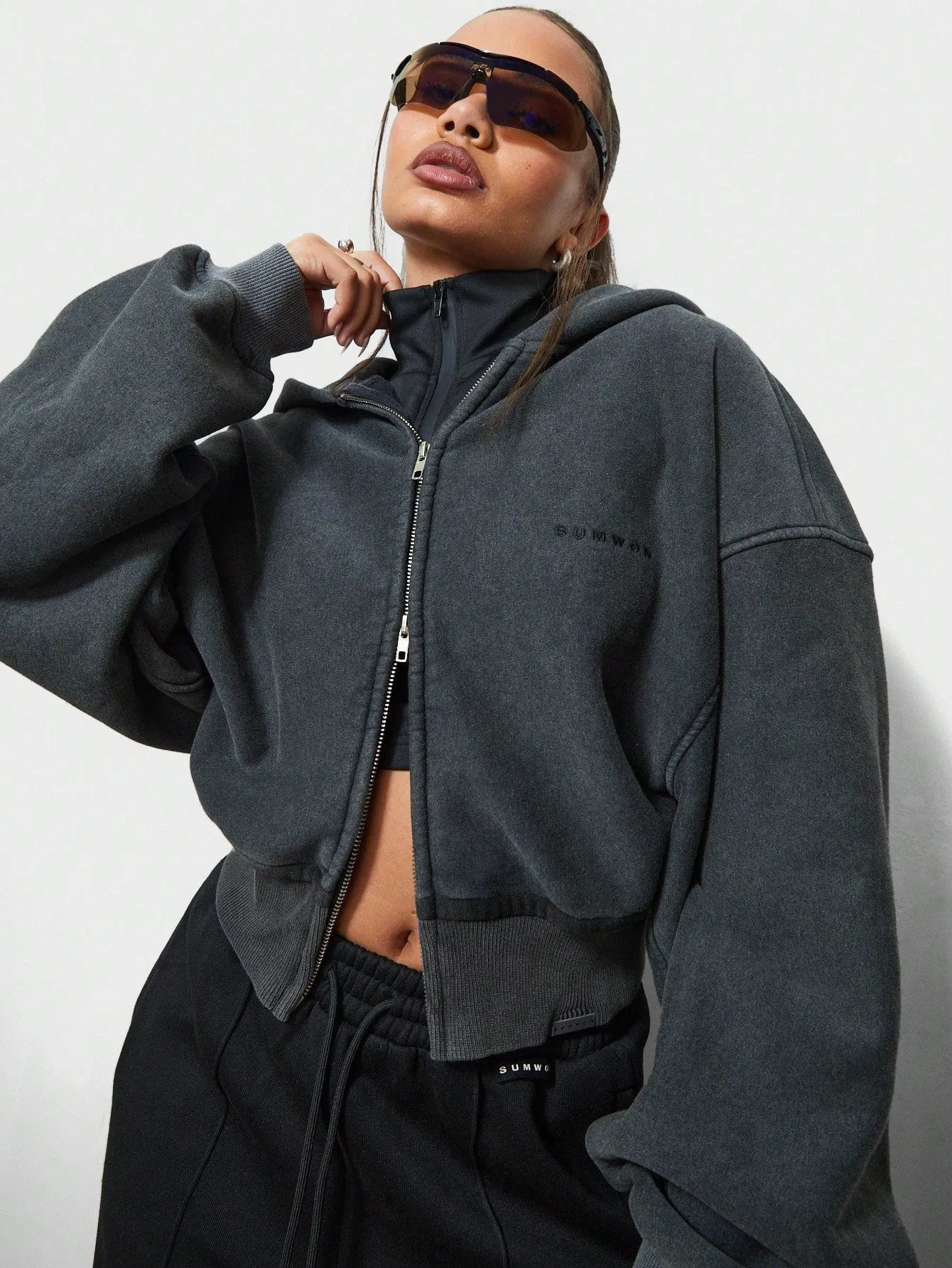 SUMWON WOMEN Washed Cropped Zip Through Hoodie