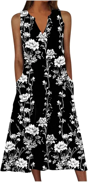 Sundress for Women Sleeveless Tank Dresses 2025 Vacation Plus Size Dress Casual Button V Neck Boho Floral Beach Dress