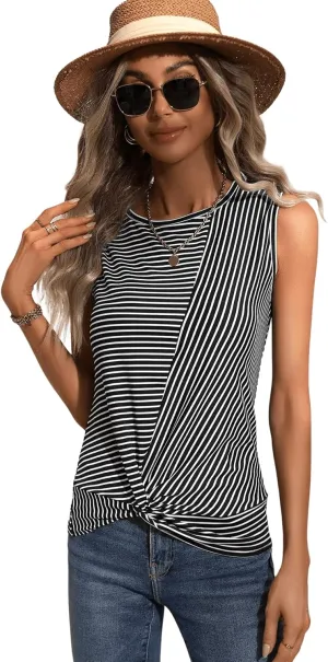 SweatyRocks Women's Sleeveless Stripe Print Shirt Casual Round Neck Twist Hem Tank Top