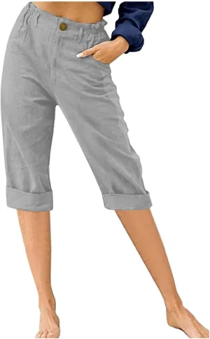 TANGNADE Women Capri Pants for Summer Casual Loose Cotton Linen Capris Comfy Elastic Waist Cropped Trouser Vacation