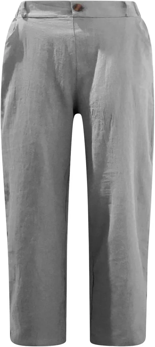 TANGNADE Women Capri Pants for Summer Casual Loose Cotton Linen Capris Comfy Elastic Waist Cropped Trouser Vacation