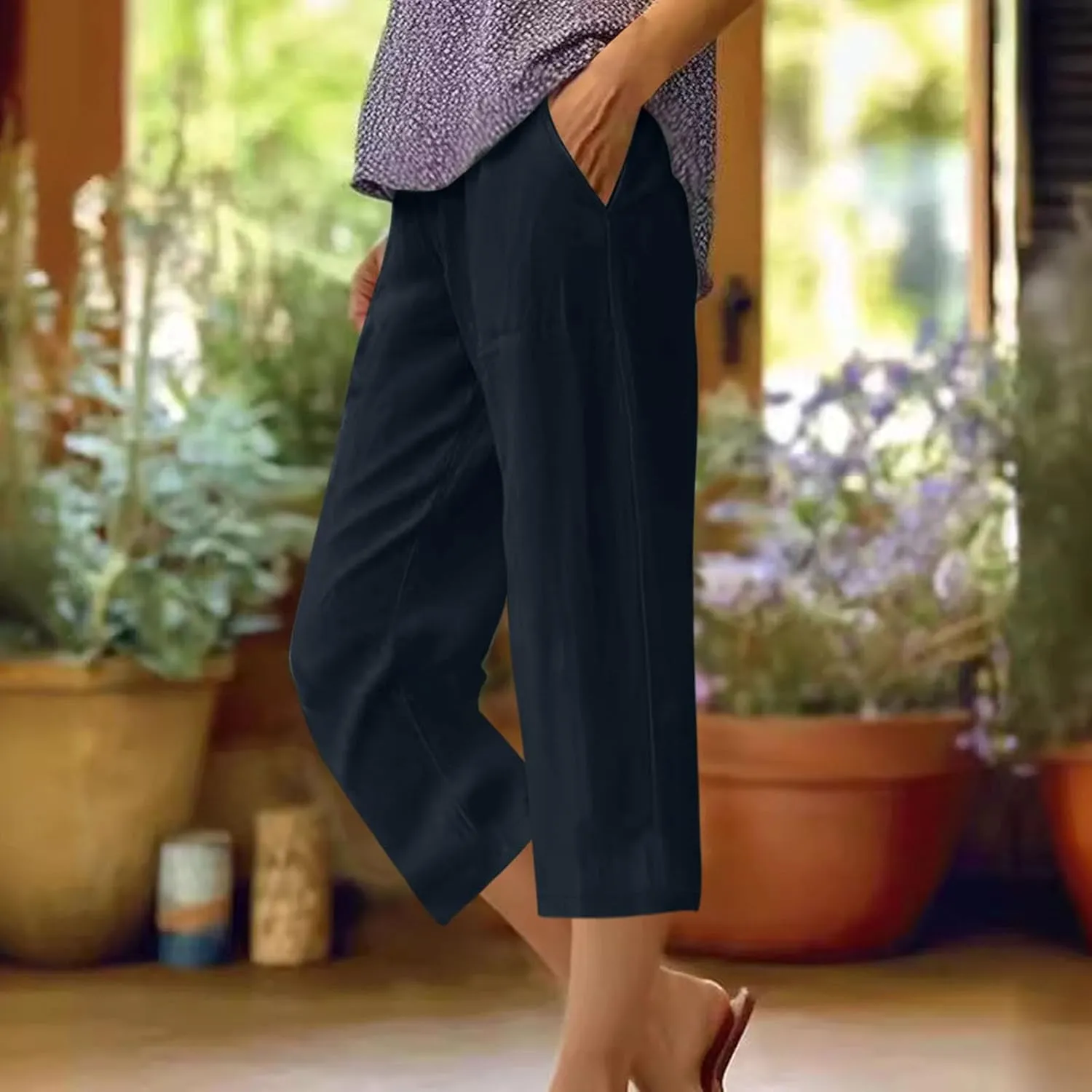 TANGNADE Women Capris for Summer Elastic Waist Loose Fit Capri Cotton Linen Pants Lightweight Casual Travel Ladies Trouser