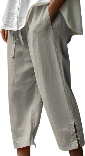 TANGNADE Womens Casual Capris Loose Fit Wide Leg Cropped Cotton Linen Pants with Pockets Elastic Waist Trouser