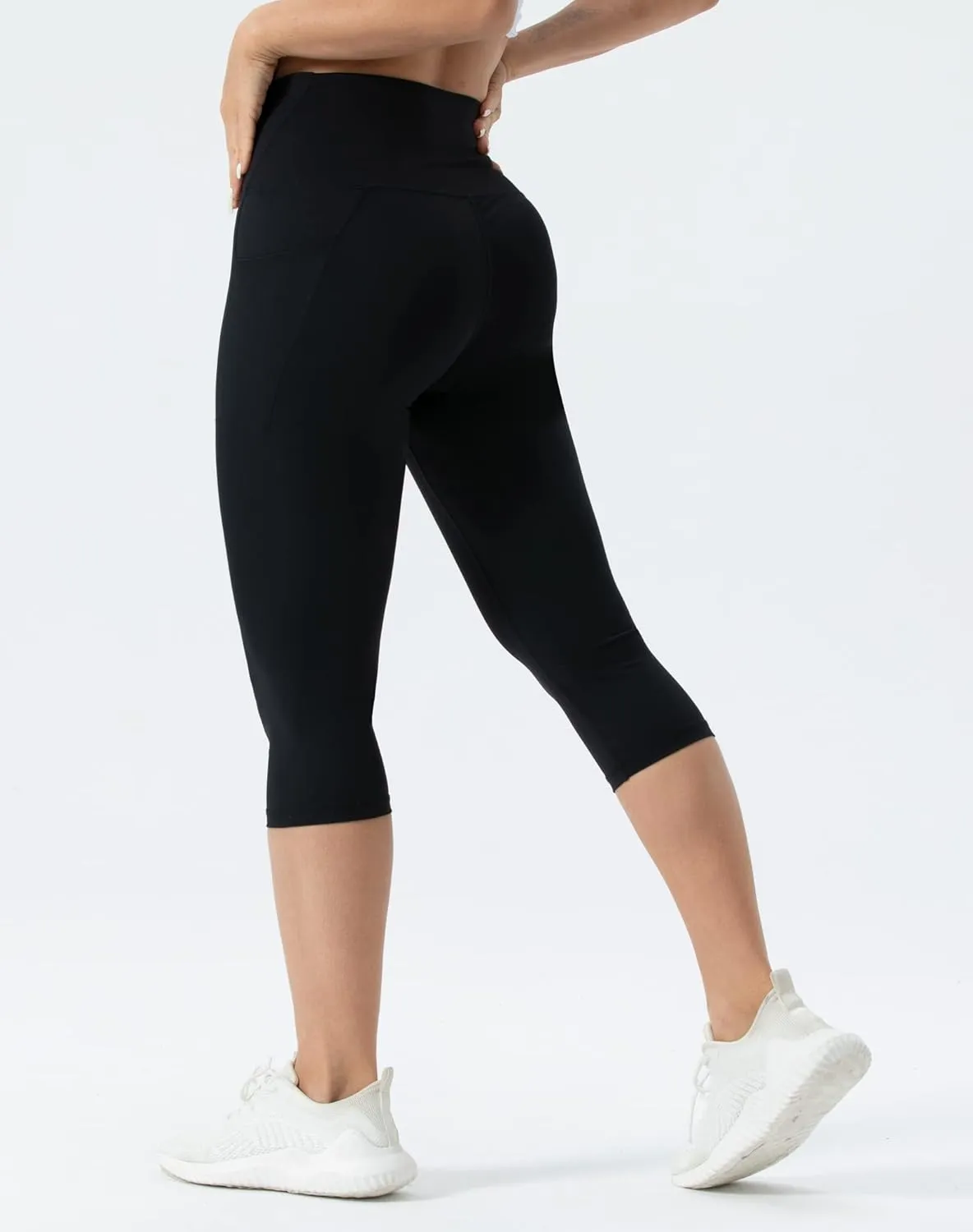THE GYM PEOPLE Women's V Cross Waist Workout Capris Leggings Tummy Control Running Yoga Pants with Pockets
