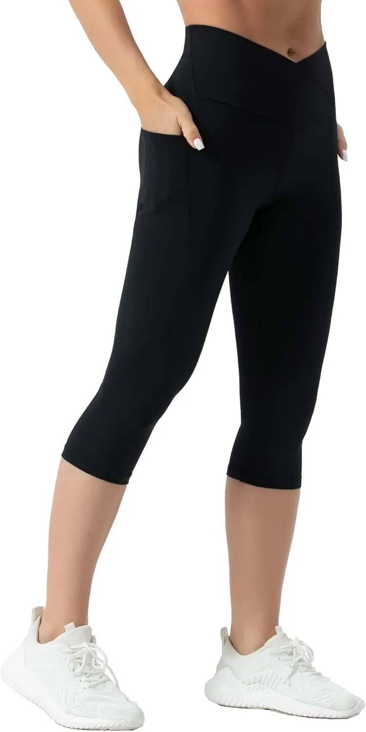 THE GYM PEOPLE Women's V Cross Waist Workout Capris Leggings Tummy Control Running Yoga Pants with Pockets
