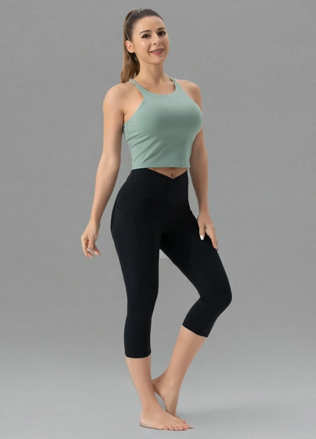 THE GYM PEOPLE Women's V Cross Waist Workout Capris Leggings Tummy Control Running Yoga Pants with Pockets