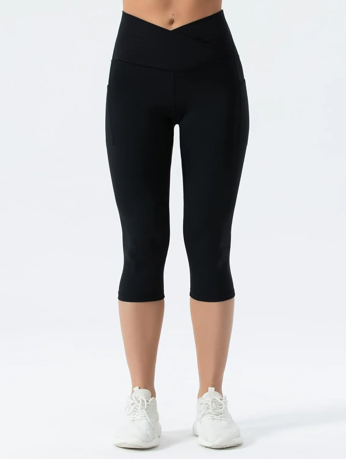 THE GYM PEOPLE Women's V Cross Waist Workout Capris Leggings Tummy Control Running Yoga Pants with Pockets