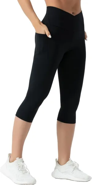 THE GYM PEOPLE Women's V Cross Waist Workout Capris Leggings Tummy Control Running Yoga Pants with Pockets