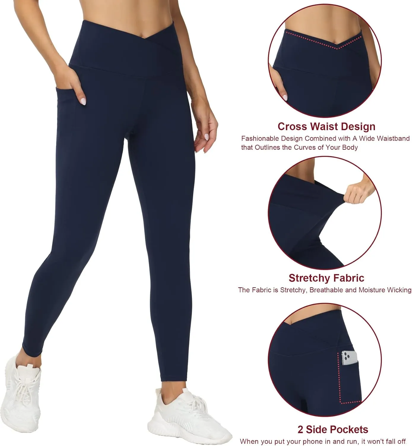 THE GYM PEOPLE Women's V Cross Waist Workout Leggings Tummy Control Running Yoga Pants with Pockets