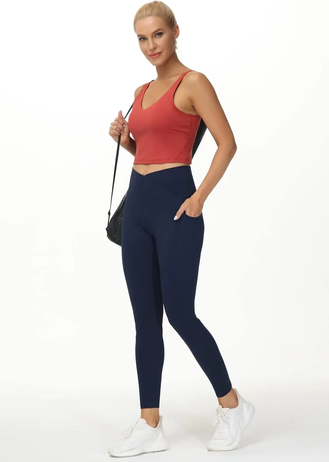 THE GYM PEOPLE Women's V Cross Waist Workout Leggings Tummy Control Running Yoga Pants with Pockets