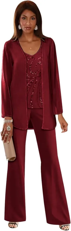 TORYEMY Mother of The Bride Pant Suits for Wedding Chiffon Sequin Long Sleeve Formal Evening Outfit with Bead