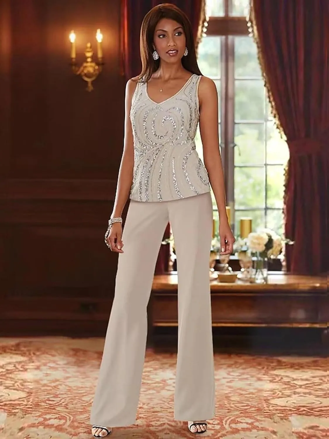 TORYEMY Mother of The Bride Pant Suits for Wedding Chiffon Sequin Long Sleeve Formal Evening Outfit with Bead