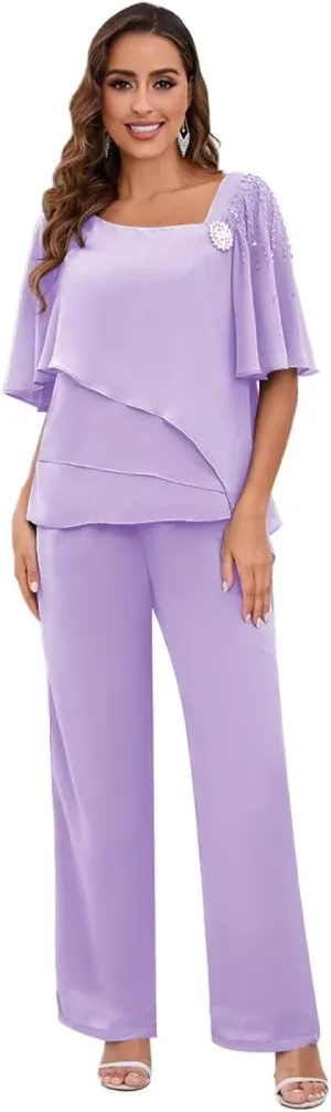 TORYEMY Mother of The Bride Pant Suits for Wedding Chiffon Short Sleeve Formal Evening Outfit with Bead