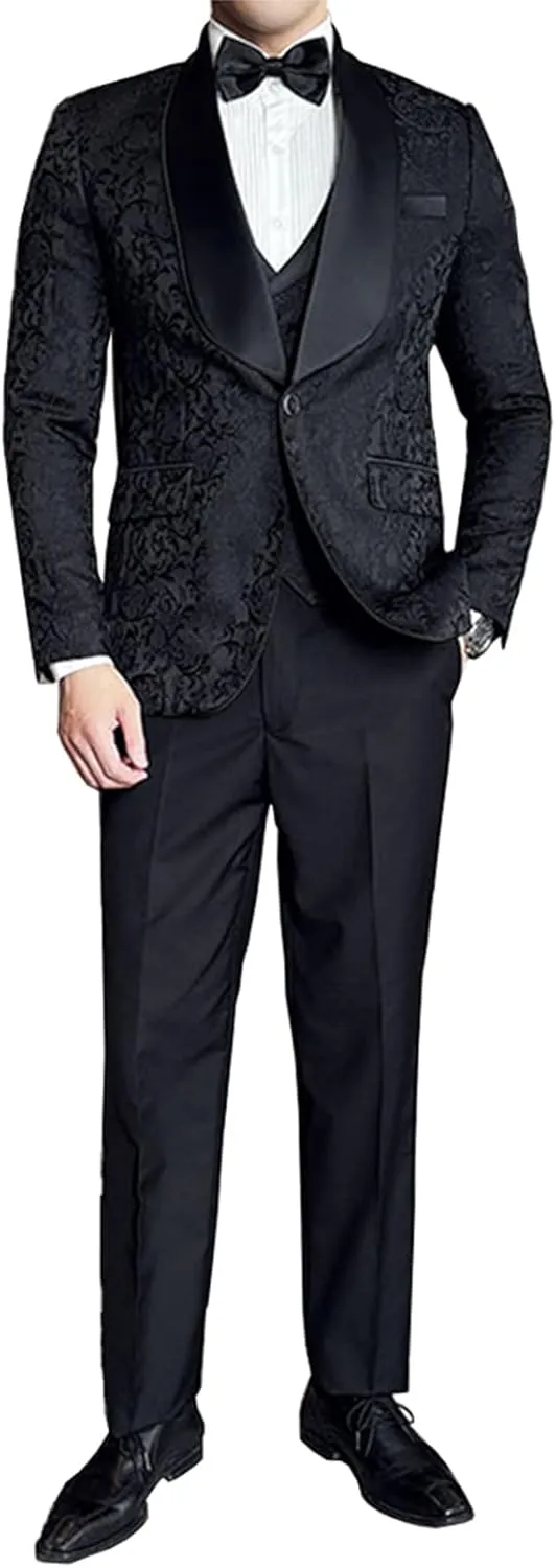 UNINUKOO Mens 3 Piece Suit Jacquard Floral Shawl Lapel Fancy Suits for Men Wedding Party Prom Tuxedo Suit Set