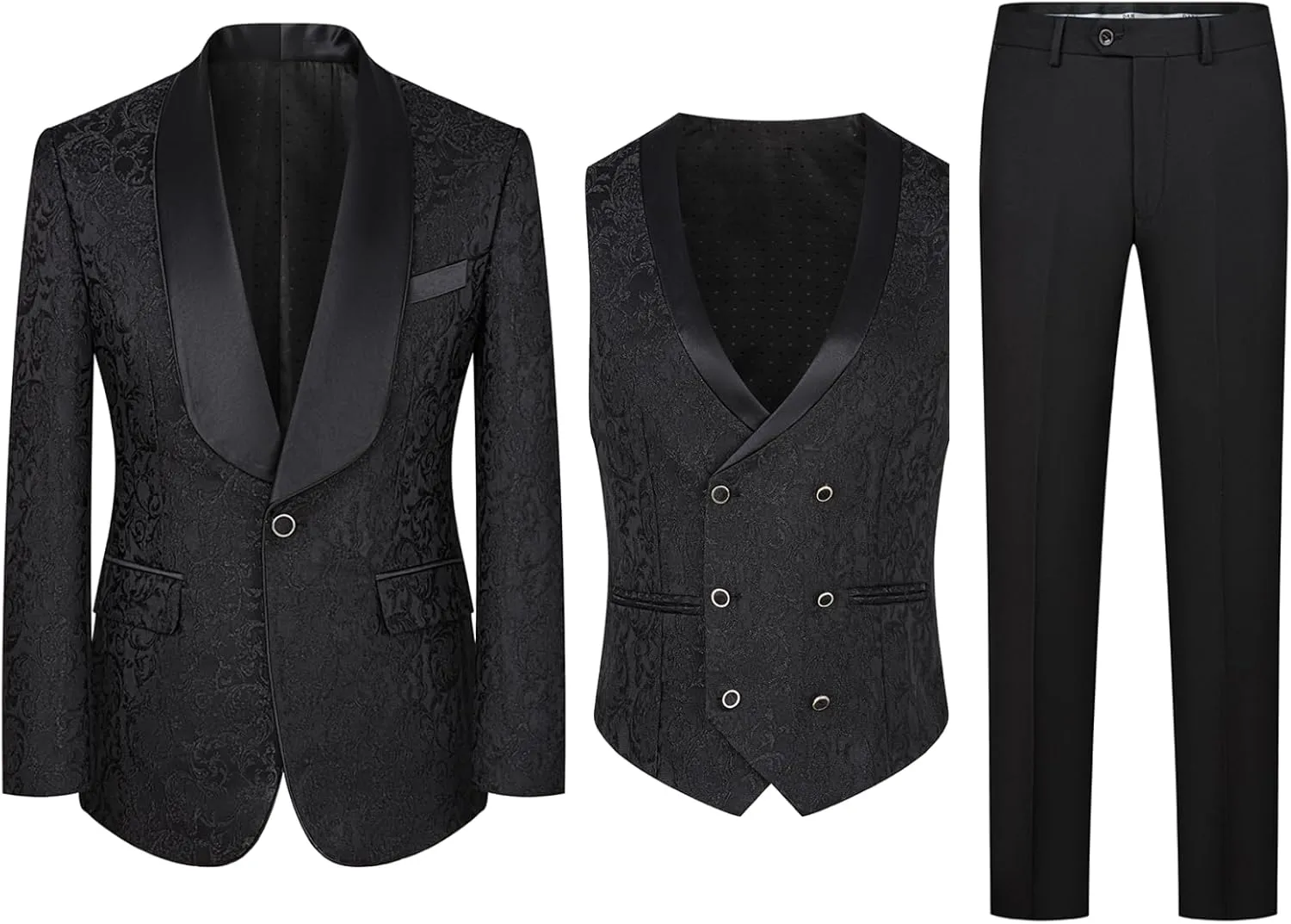 UNINUKOO Mens 3 Piece Suit Jacquard Floral Shawl Lapel Fancy Suits for Men Wedding Party Prom Tuxedo Suit Set