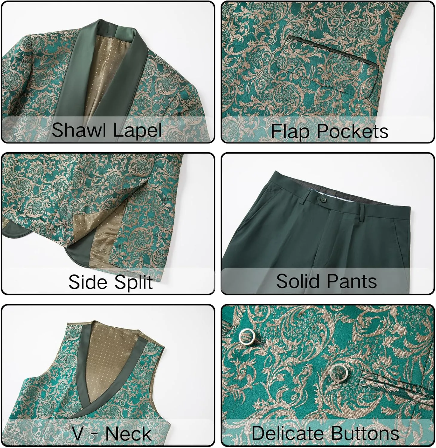UNINUKOO Mens 3 Piece Suit Jacquard Floral Shawl Lapel Fancy Suits for Men Wedding Party Prom Tuxedo Suit Set