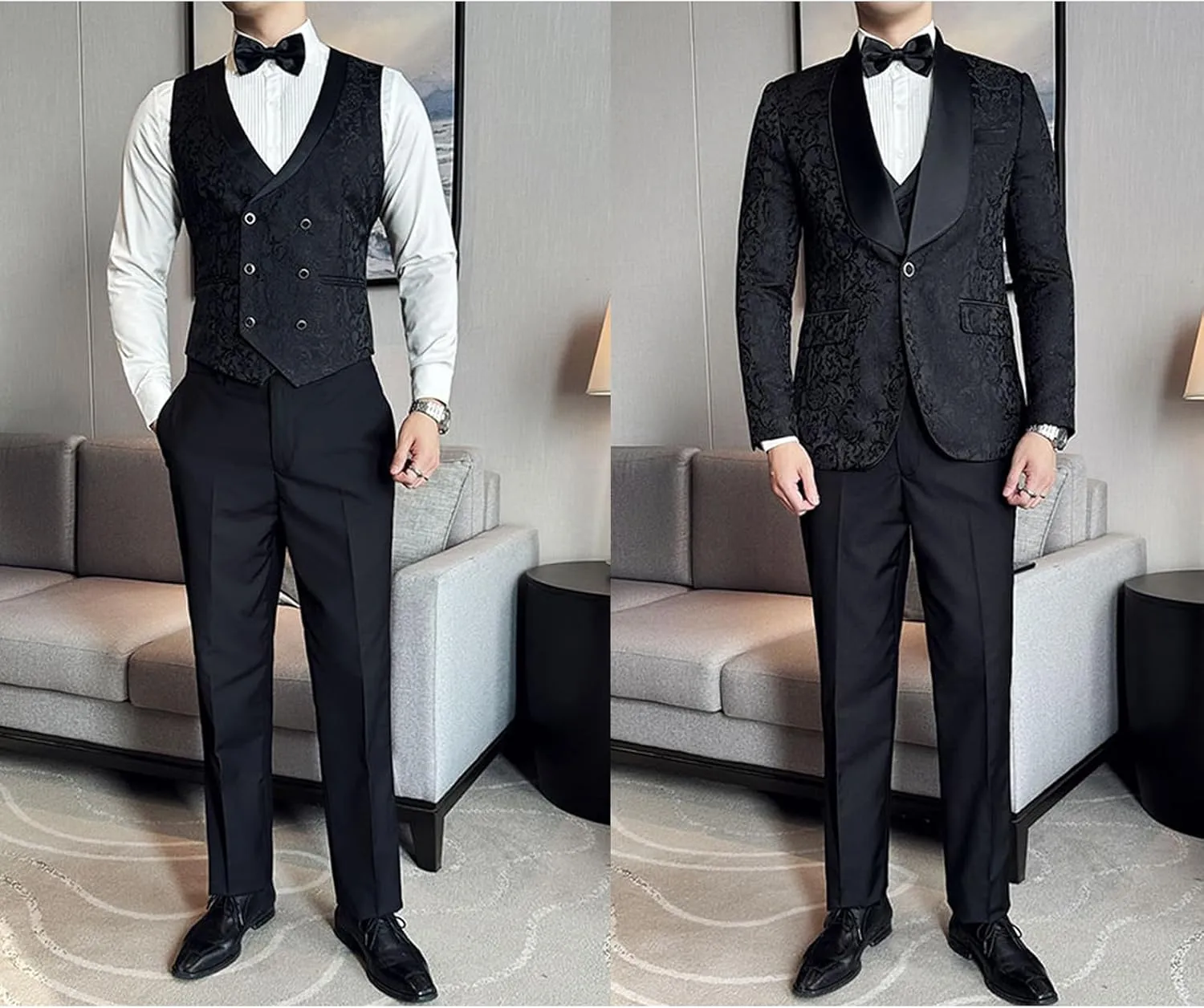 UNINUKOO Mens 3 Piece Suit Jacquard Floral Shawl Lapel Fancy Suits for Men Wedding Party Prom Tuxedo Suit Set
