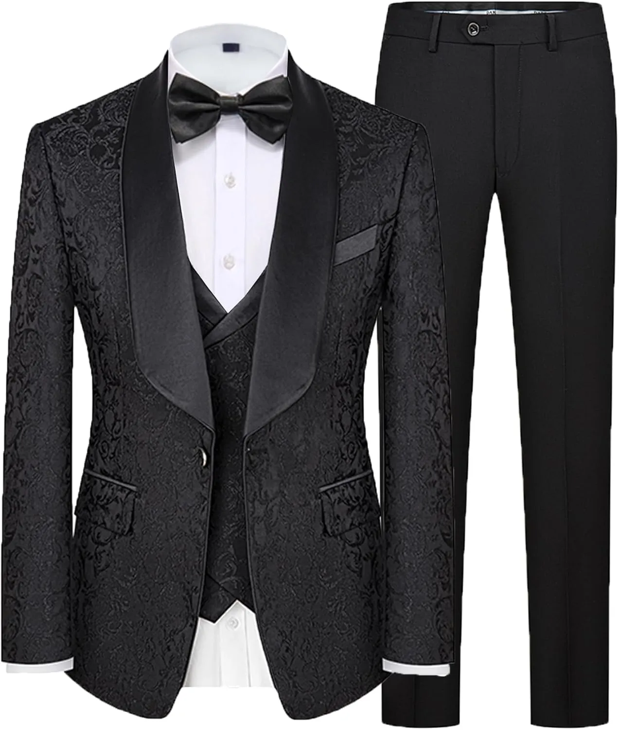 UNINUKOO Mens 3 Piece Suit Jacquard Floral Shawl Lapel Fancy Suits for Men Wedding Party Prom Tuxedo Suit Set