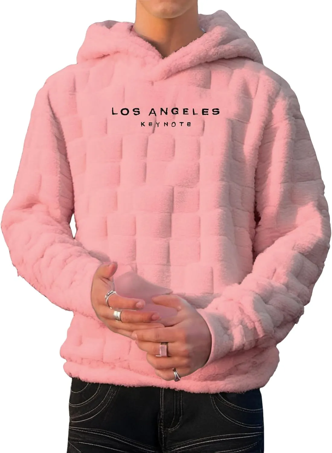 Verdusa Men's Fuzzy Pullover Hoodie Long Sleeve Letter Embroidery Hooded Sweatshirt