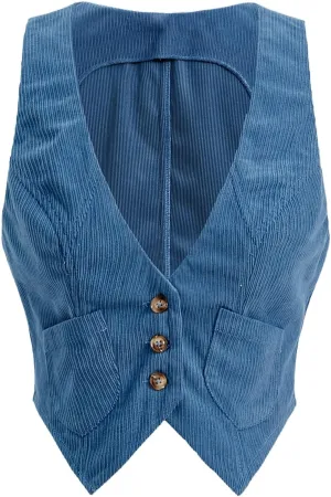 Verdusa Women's Button Front Scoop Neck Sleeveless Patch Pocket Crop Vest Blazer Jacket