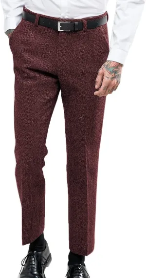 Vintage Men's Herringbone Tweed Dress Suit Pants Thick Wool Pleated Front Trousers Regular Fit