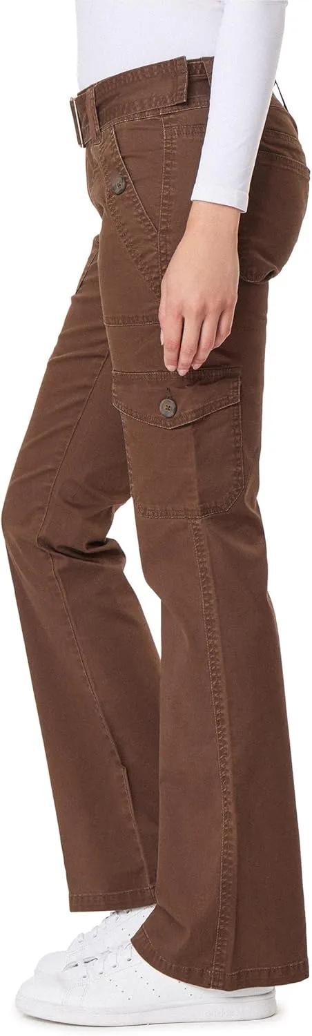 WallFlower Women's Feisty Curvy Cargo Flare Low Rise Belted Insta Stretch Juniors Pants (Standard and Plus)
