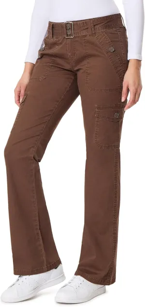 WallFlower Women's Feisty Curvy Cargo Flare Low Rise Belted Insta Stretch Juniors Pants (Standard and Plus)