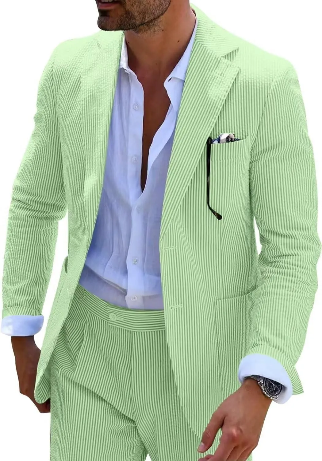 Wehilion Men 2 Pieces Seersucker Suit Casual 2 Button Slim Fit Striped Suits for Men Summer Wedding Prom Suit Jacket Pants