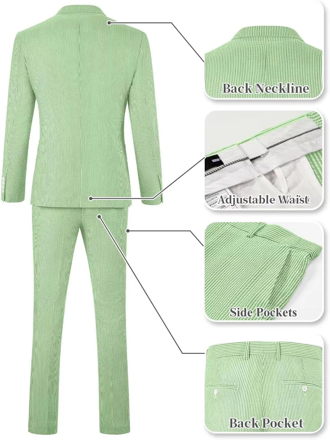 Wehilion Men 2 Pieces Seersucker Suit Casual 2 Button Slim Fit Striped Suits for Men Summer Wedding Prom Suit Jacket Pants