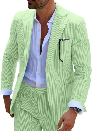 Wehilion Men 2 Pieces Seersucker Suit Casual 2 Button Slim Fit Striped Suits for Men Summer Wedding Prom Suit Jacket Pants