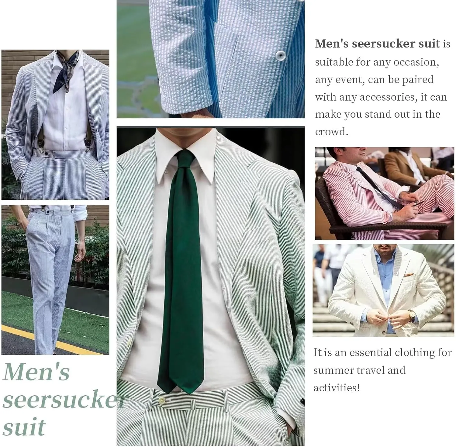 Wehilion Men 2 Pieces Seersucker Suit Casual 2 Button Slim Fit Striped Suits for Men Summer Wedding Prom Suit Jacket Pants