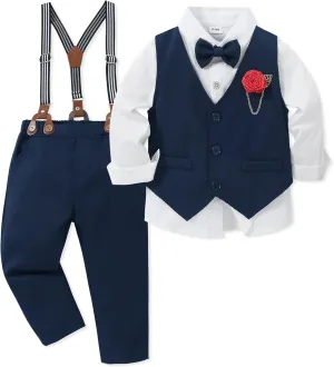 WESIDOM Toddler Boy Clothes Suit Formal Dress Shirt Bowtie Vest Boutonniere Suspender Pants Boys Gentleman Outfits Set