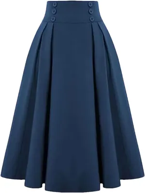 Women A-Line Vintage Casual Skirt High Waist with Pockets Pleated Skirts