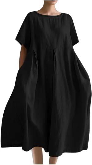 Women Basic Cotton Linen A-Line Dress Summer Short Sleeve Crewneck Flowy Midi Dresses Plus Size Casual Beach Dress