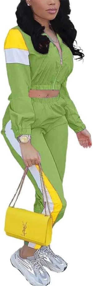 Women Casual Tracksuit 2 Piece Zip Top Jacket and Elastic Waistband Pant Women Windbreaker Tracksuit Sets
