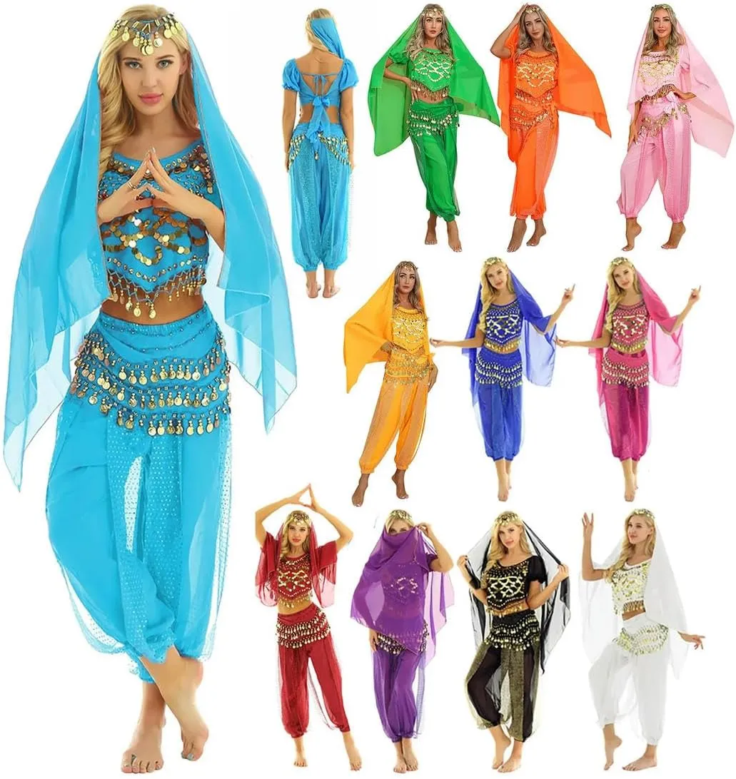 Women India Belly Dance Costume Beads Crop Top Harem Pants And Hip Scarf Outfit Halloween Performance