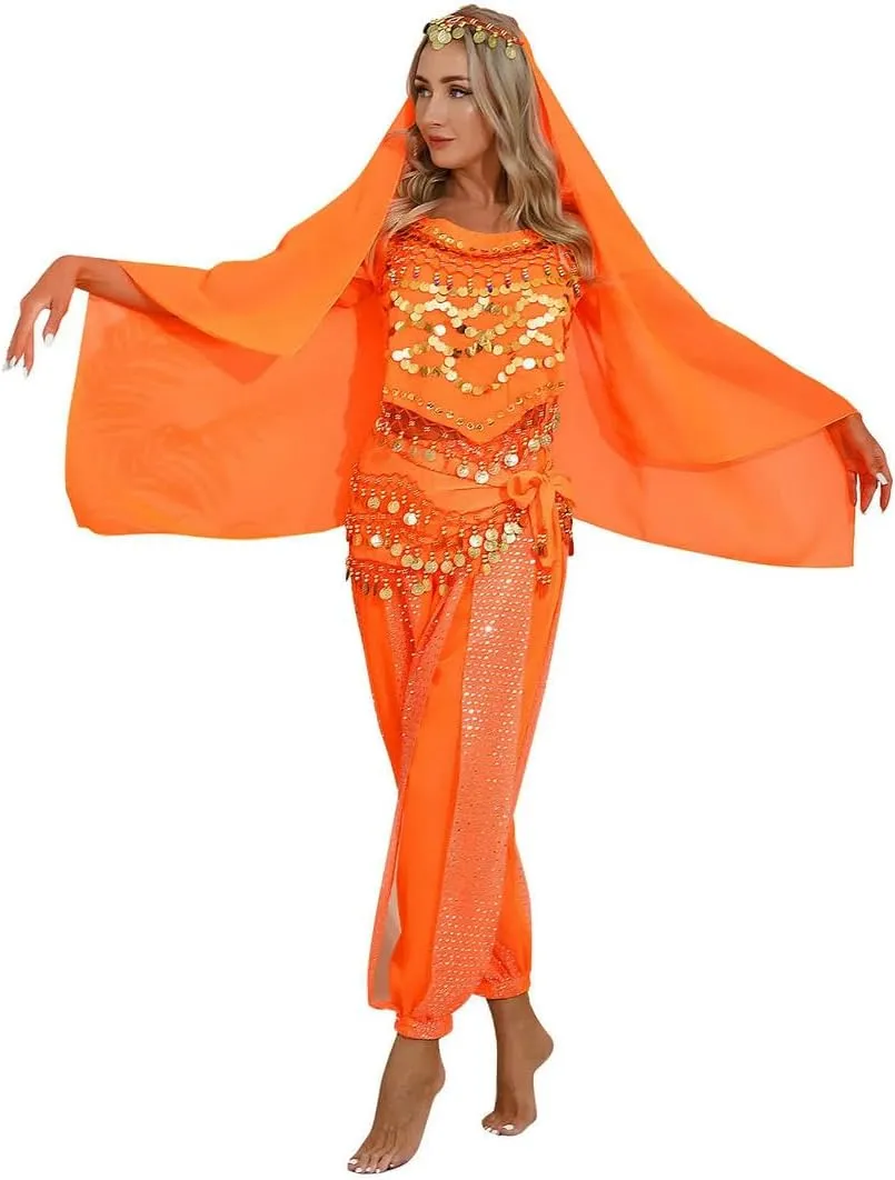 Women India Belly Dance Costume Beads Crop Top Harem Pants And Hip Scarf Outfit Halloween Performance