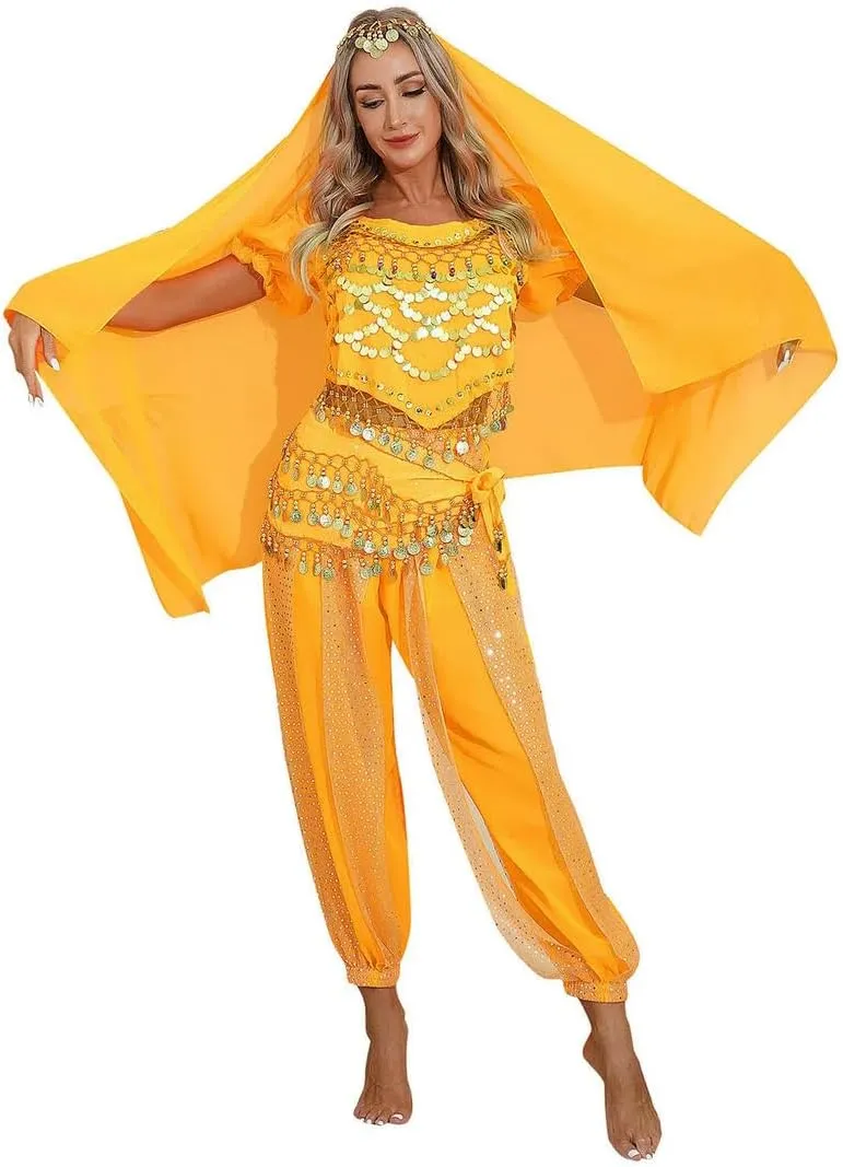 Women India Belly Dance Costume Beads Crop Top Harem Pants And Hip Scarf Outfit Halloween Performance