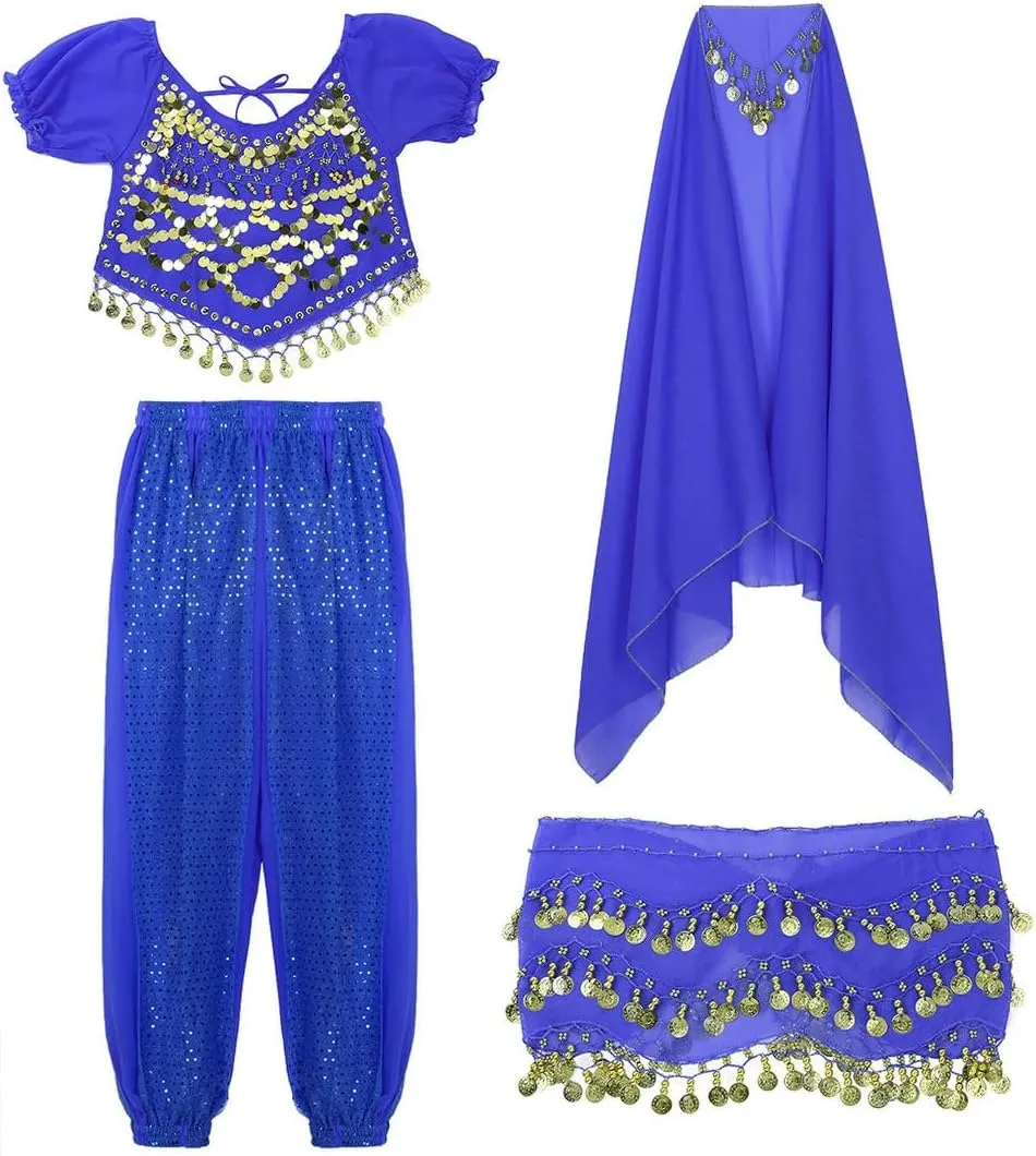 Women India Belly Dance Costume Beads Crop Top Harem Pants And Hip Scarf Outfit Halloween Performance