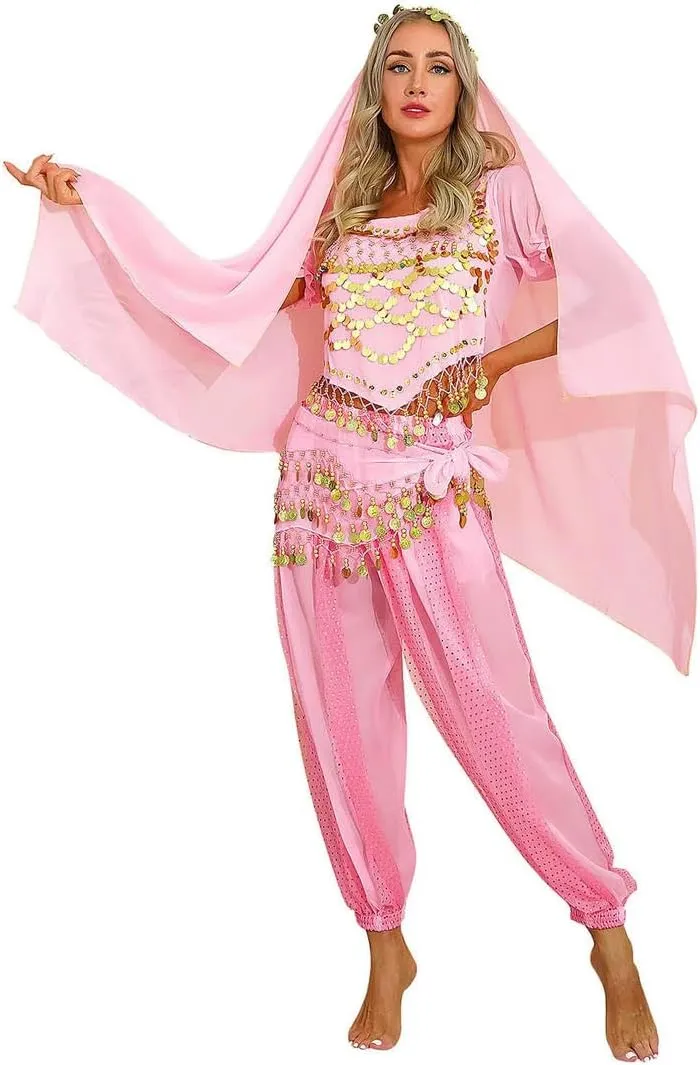 Women India Belly Dance Costume Beads Crop Top Harem Pants And Hip Scarf Outfit Halloween Performance