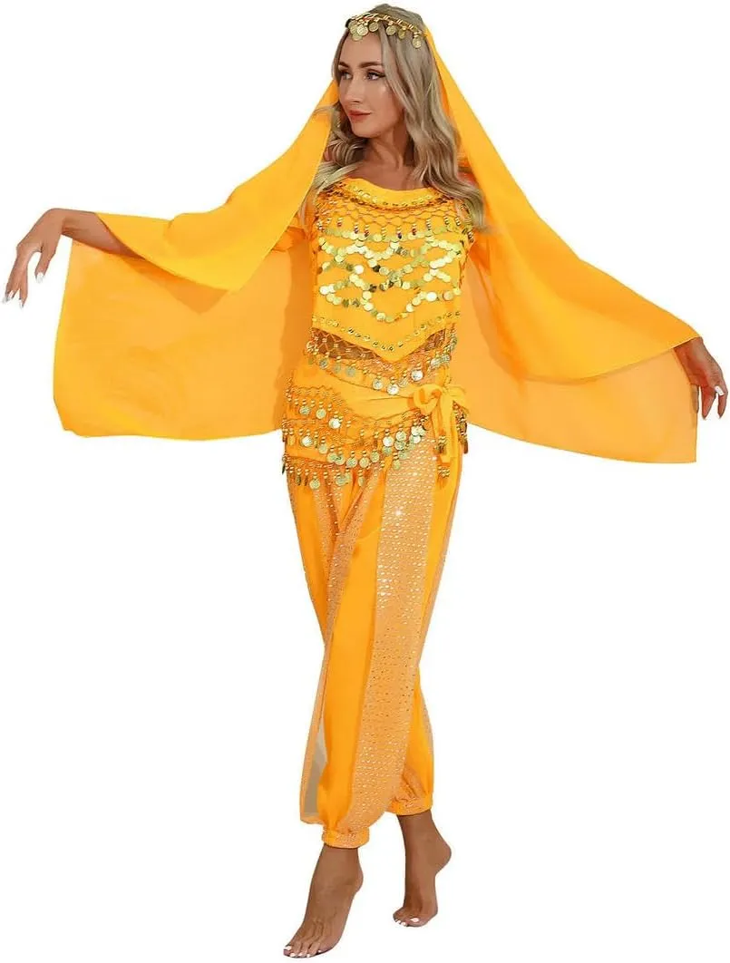 Women India Belly Dance Costume Beads Crop Top Harem Pants And Hip Scarf Outfit Halloween Performance