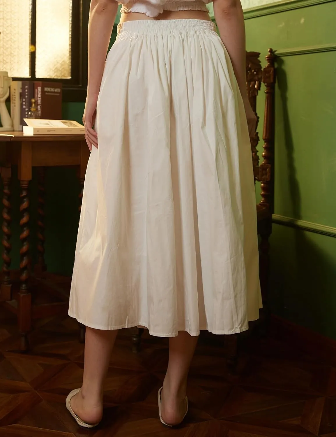 Women Long Skirt 100% Cotton with Elastic Waist A-Line Vintage Pleated Midi Skirt with 2 Pockets