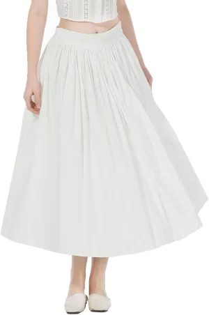 Women Long Skirt 100% Cotton with Elastic Waist A-Line Vintage Pleated Midi Skirt with 2 Pockets