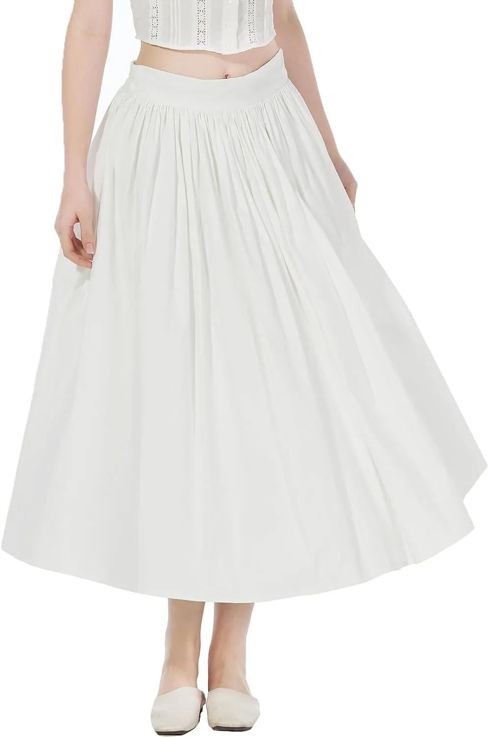 Women Long Skirt 100% Cotton with Elastic Waist A-Line Vintage Pleated Midi Skirt with 2 Pockets