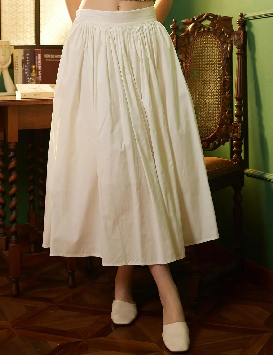 Women Long Skirt 100% Cotton with Elastic Waist A-Line Vintage Pleated Midi Skirt with 2 Pockets