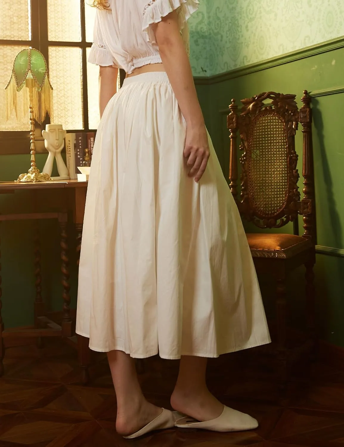 Women Long Skirt 100% Cotton with Elastic Waist A-Line Vintage Pleated Midi Skirt with 2 Pockets