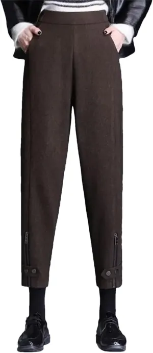 Women Office Zipper Wool Pencil Pants Slim Thicken Elastic Waist Solid Warm Harem Trousers